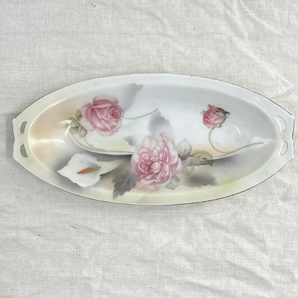 Rose Porcelain Tray Hand Painted Pink Floral Trinket Dish Vanity Romantic 9x4